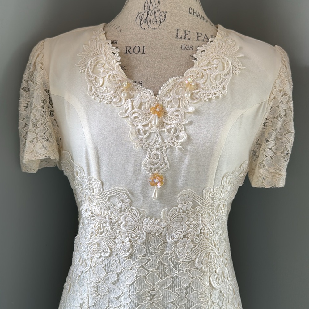 Vintage ANNA lace midi long‎ dress ivory cream wedding occassion Size Small